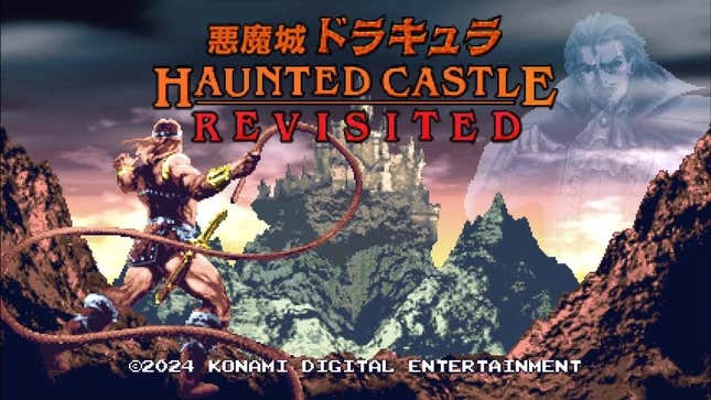 The title screen for Haunted Castle Revisited shows Simon Belmont holding his whip and looking at a castle in the distance very much like he does on the original Castlevania NES box art, while a vision of Dracula looms large in the distance.