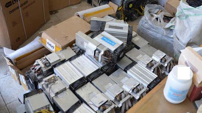 Boxes of machinery used in mining operations that were confiscated by police in Nazarabad, Iran.