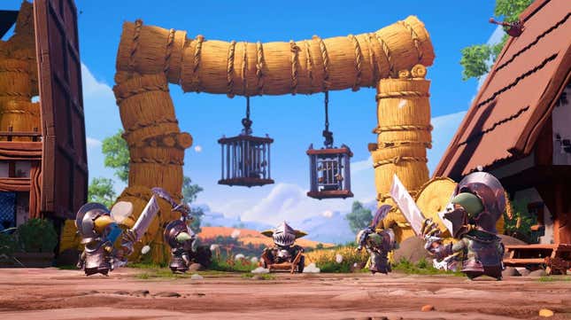 Brave knights stand in front of an archway made of straw bundles, from which cages are hung.