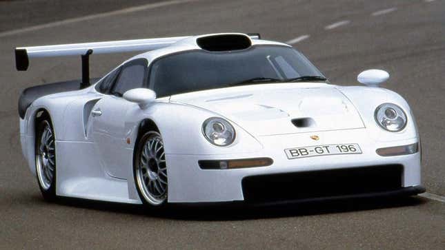 Front 3/4 view of a white Porsche 911 GT1