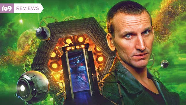 Christopher Eccleston as Doctor Who's Ninth Doctor, in front of the interior of his TARDIS console room and some flying alien drones.