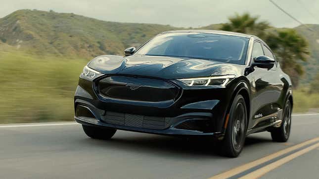 A photo of a black Ford Mustang Mach-E EV. 