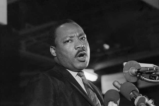 Dr. Martin Luther King addresses some 2,000 people on the eve of his death. The former founder and Chairman of the Southern Christian Leadership Conference was slain by an unknown assailant on April 4, 1968.