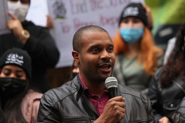 Jabari Brisport speaks as students gather for a rally calling on the passage of the Solutions Not Suspensions Act at Tweed Courthouse in New York City on Feb. 23, 2022.