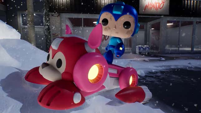 An image shows Mega Man standing on Rush the dog. 