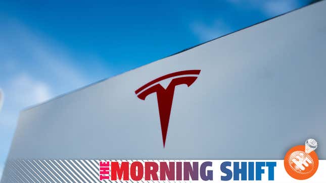 A photo of a Tesla logo on a building with The Morning Shift banner on the bottom. 