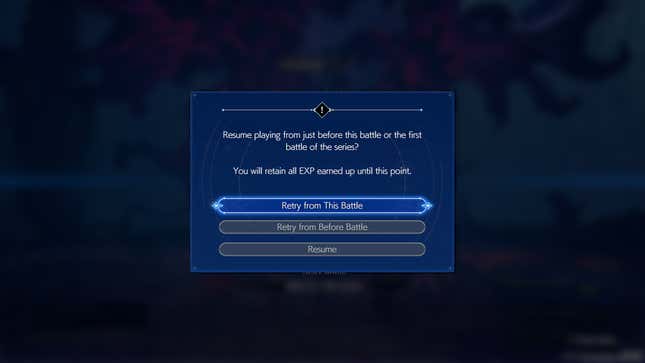 Ein Menübildschirm aus Final Fantasy 7 Rebirth zeigt verschiedene Optionen zum Zurücksetzen eines Kampfes.