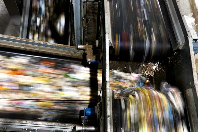 Plastic waste runs on conveyor belts at a new plastic waste sorting facility in Motala, central Sweden, Thursday, Nov. 9, 2023. Sweden launched a new state-of-the-art plastic sorting facility, the largest of its kind in the world, and big enough to receive all plastic packaging waste generated from Swedish households. (AP Photo/David Keyton)