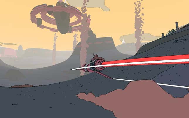 Sable races forward on her hover bike in a vast desert as a mysterious object hovers overhead.