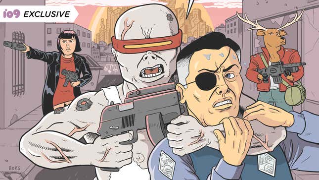 A mutated criminal, flanked by a dual pistol-wielding woman and a deer with an assault rifle, holds a gun to an eyepatch-wearing police officer's head.