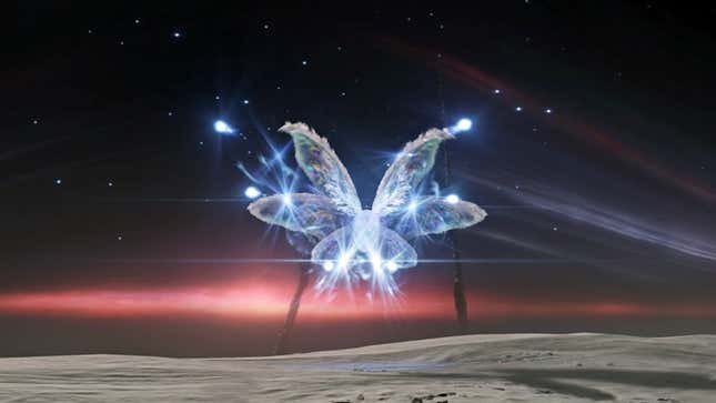 A massive glowing moth hovers in the air against a night sky.