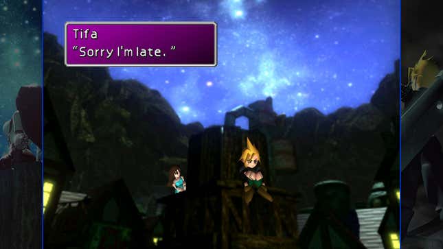 Tifa apologizes to Cloud for being late during a flashback sequence at a well.