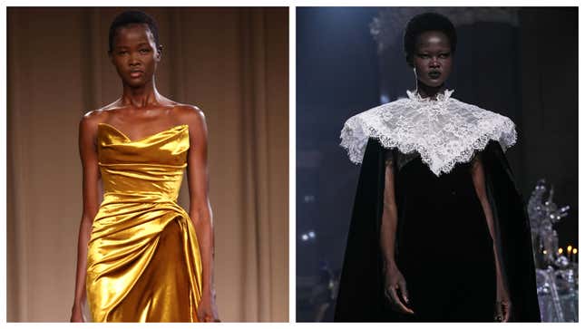 Anyiel Majok walking for Jason Wu (L) and Rodarte (R)