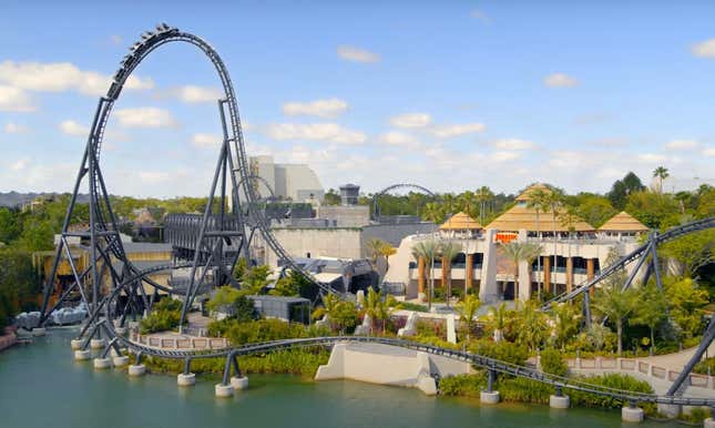 The Jurassic Park and Jurassic World franchise area with the Velocicoaster rollercoaster in view