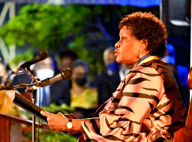 Barbados President Sandra Mason delivers a speech during a ceremony in Bridgetown, Barbados on Nov. 30, 2021. Barbados forged a new republic with its first-ever president and cut ties with the British monarchy.