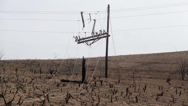 A burned power pole near Canadian, Texas