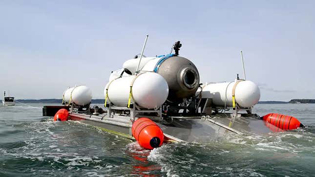 A photo of the Titan submarine before diving beneath the sea. 