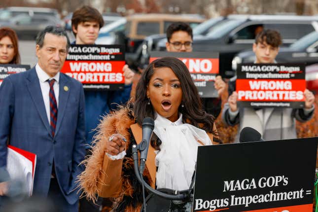  WASHINGTON, DC - DECEMBER 13: U.S. Rep. Jasmine Crockett (D-TX) speaks during a press conference held to address MAGA Republicans decision to prioritize the impeachment of President Joe Biden over major domestic issues in the United States on December 13, 2023 in Washington, DC.