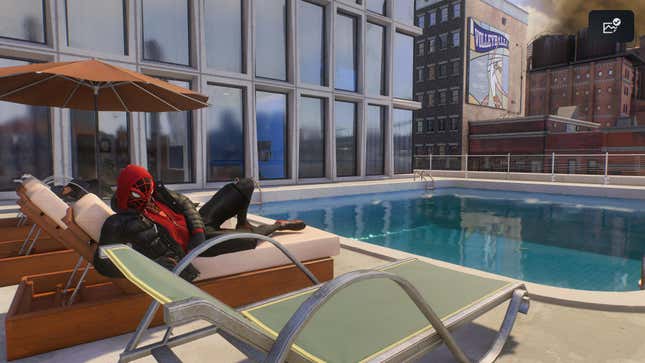 Miles Morales lounges on a chair next to a rooftop pool.