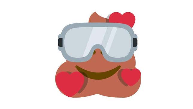 A mashup of the smiling emoji with three hearts, the poop emoji, and the goggles emoji.