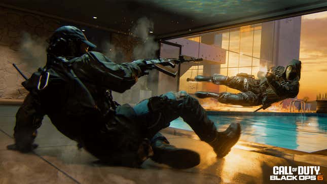 Two Call of Duty operators dive while firing weapons. 