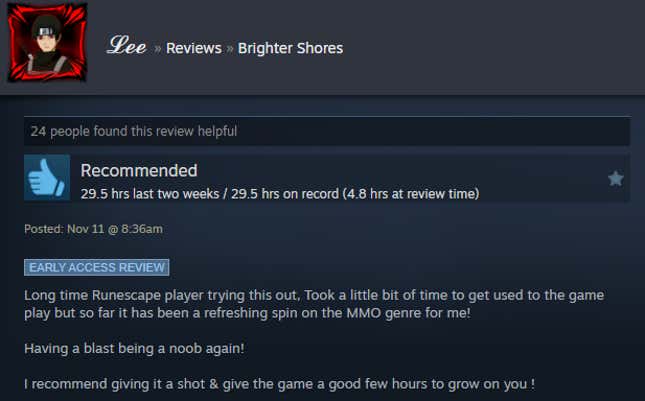 A screenshot shows a Steam user review of Brighter Shores.