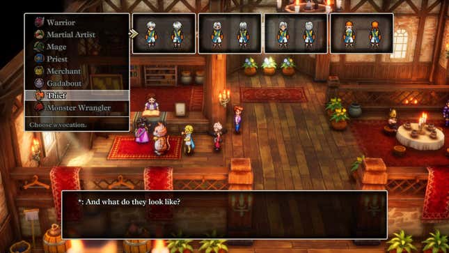 A screenshot from Dragon Quest III HD-2D Remake. A menu displays the Thief character class, which is seen wearing long white shorts and a yellow shirt.