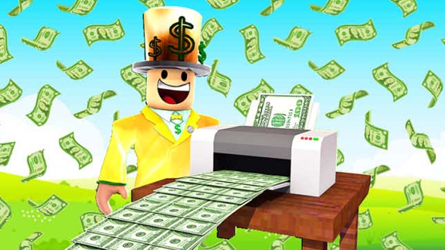 A screenshot of Roblox shows a character smiling and making lots of money. 