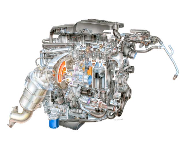 An engine cutaway of the 2.7-liter turbocharged four-cylinder engine used in the 2019 Chevrolet Silverado.