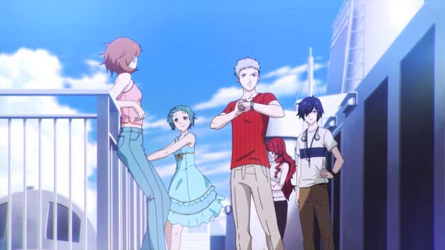 Yukari, Fuuka, Akihiko, Mitsuru, and Makoto are all shown on a ship.