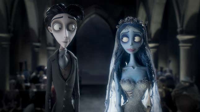 The corpse bride stands with her new hsuband. 