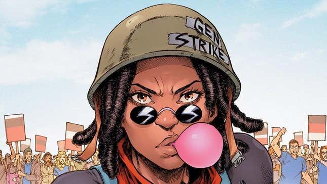 A woman with a helmet reading "Gen Strike" blows a bubblegum bubble
