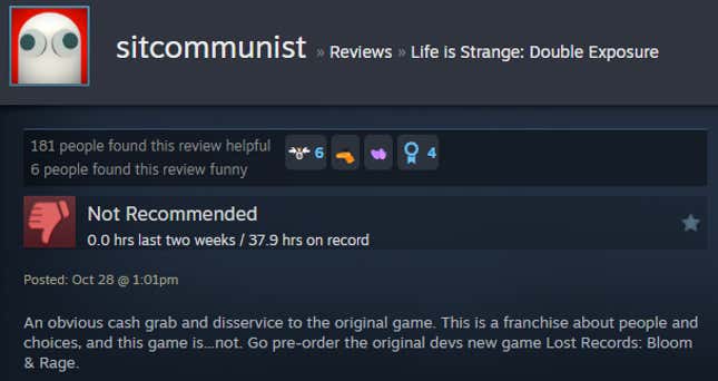 A screenshot shows a Steam review of Life is Strange: Double Exposure.