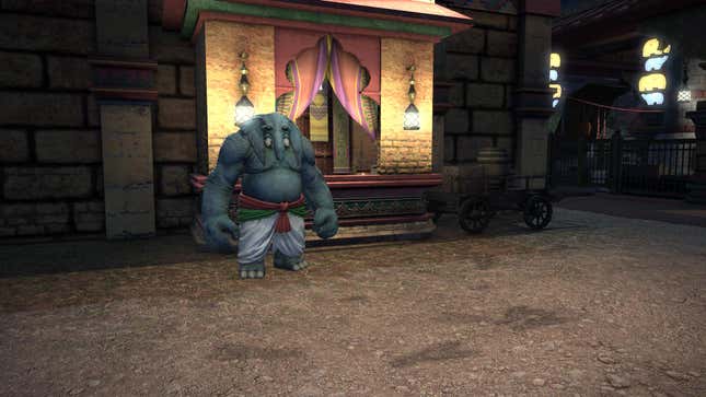 A humanoid elephant stands in the middle of a fantasy city.