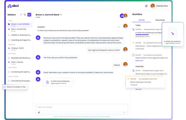 screenshot of Alexi legal AI platform