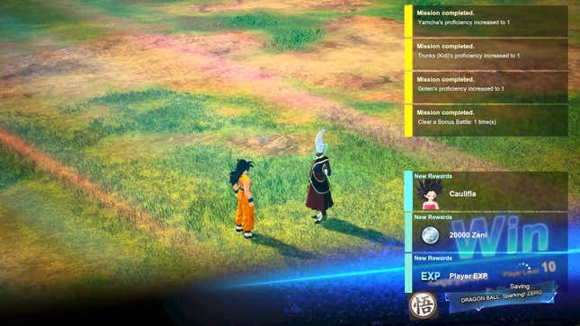 Yamcha and Whis talking at the end of a Bonus Battle, with a column of reward notifications on the right side.