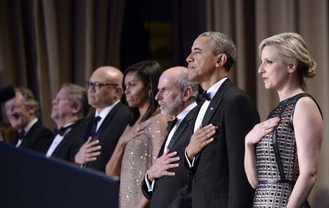 US President Barack Obama attends the White House Correspondents’ Association annual dinner in 2016 at the Washington Hilton hotel in Washington, DC, USA.