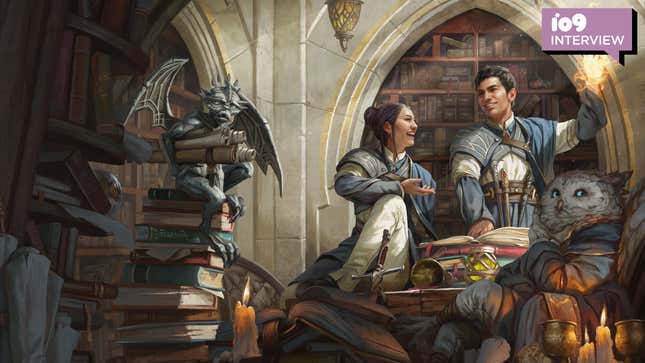 The cover art for the latest Dungeons & Dragons adventure book, Strixhaven: A Curriculum of Chaos features a gargoyle, two people, and an Owlin in a library.