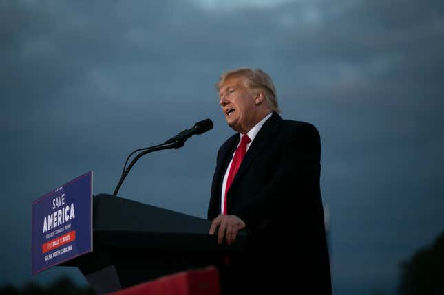 Former U.S. President Donald Trump speaks at a rally at The Farm at 95 on April 9, 2022 in Selma, North Carolina. Trump lost a battle to have civil contempt charges against him tossed out in an ongoing investigation in New York, and still faces multiple other probes.