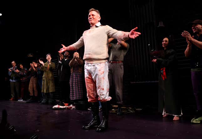 NEW YORK, NEW YORK - APRIL 28: (L-R) Paul Lazar, Emeka Guindo, Amber Gray, Eboni Flowers, Asia Kate Dillon, Phillip James Brannon, Maria Dizzia, Daniel Craig, Ruth Negga and Che Ayende during the opening night curtain call for "MacBeth" on Broadway at The Longacre Theatre on April 28, 2022 in New York City. (Photo by Bruce Glikas/WireImage)