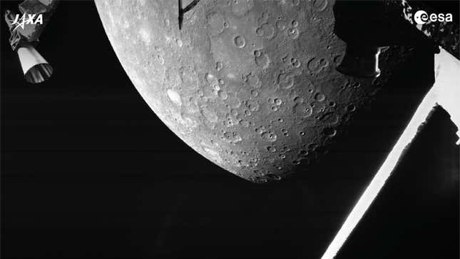 A cropped version of the first picture of Mercury captured by the BepiColombo mission on Oct. 1, 2021.