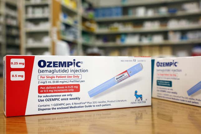 boxes of the diabetes drug Ozempic rest on a pharmacy counter