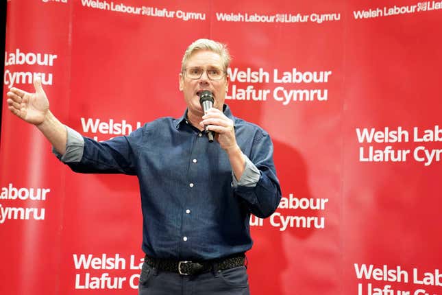 Labour Party leader Sir Keir Starmer addresses a Welsh Labour reception at the Labour Party Conference in Liverpool, England, Sunday, Oct. 8, 2023. (Stefan Rousseau/PA via AP)