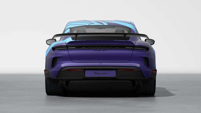 Rear view of a purple Porsche Taycan Turbo GT with a bright blue livery