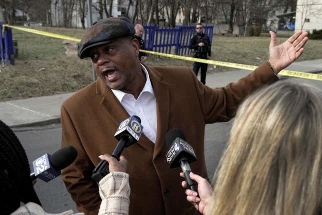 Pittsburgh Mayor Ed Gainey takes with reporters outside Westinghouse Academy where Pittsburgh Public Safety and school officials said four students were shot as school was dismissed on Tuesday, Feb. 14, 2023 in the Homewood neighborhood of Pittsburgh., No life-threatening injuries have been reported, police said. Police said three male students and a female student appeared to have wounds to their hands and other extremities. Three were taken to a hospital by paramedics and the fourth was transported by a family member, police said. All were in stable condition. No arrests were immediately reported and officials said it was too early to say whether the shooting appeared targeted or random. (AP Photo/Gene J. Puskar)