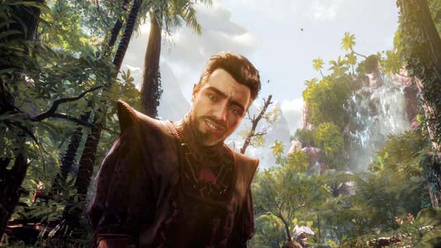 A dude with swoopy hair and bushy eyebrows stares at the player character in Horizon Call of the Mountain on PSVR2.