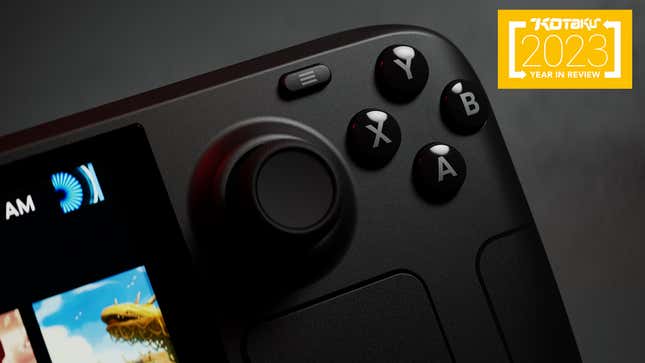 An image shows the right analog stick and four face buttons of the Steam Deck with a Kotaku "2023 Year In Review" badge in the top right corner.
