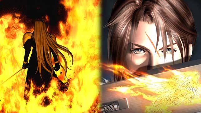 An image shows Sephiroth from Final Fantasy VII walking into flames next to Squall from Final Fantasy VIII holding up his gunblade. 