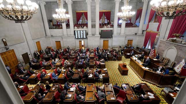 The Tennessee House of Representatives meets Wednesday, Oct. 27, 2021, in Nashville, Tenn. A lawsuit backed by the Tennessee Democratic Party seeks to block new redistricting maps for the state House and Senate, arguing Republican lawmakers who drew the maps violated the state Constitution to keep a firm grip on their partisan advantages.