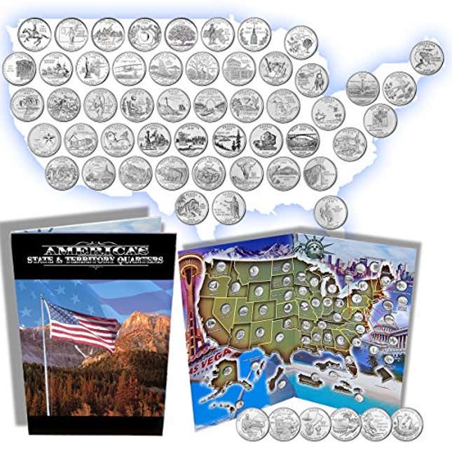 Image for article titled Complete 50 Uncirculated State (99-08) Quarter Collection Set + 6 Territory Quarters from The US Territories Program in a Beautiful Folder Display Book (Complete Set), Now 25% Off